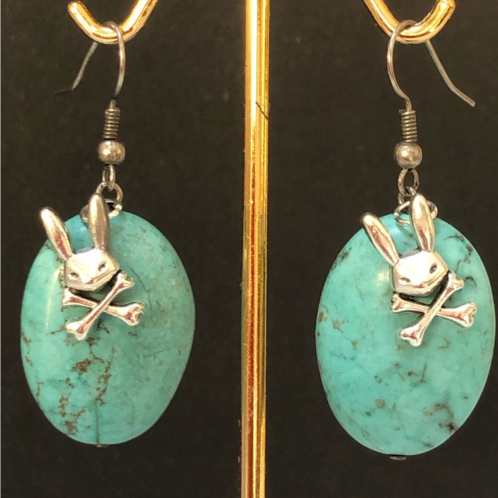 HAND CRAFTED Blue Green Faux turquoise earring and silver tone mad bunny charms